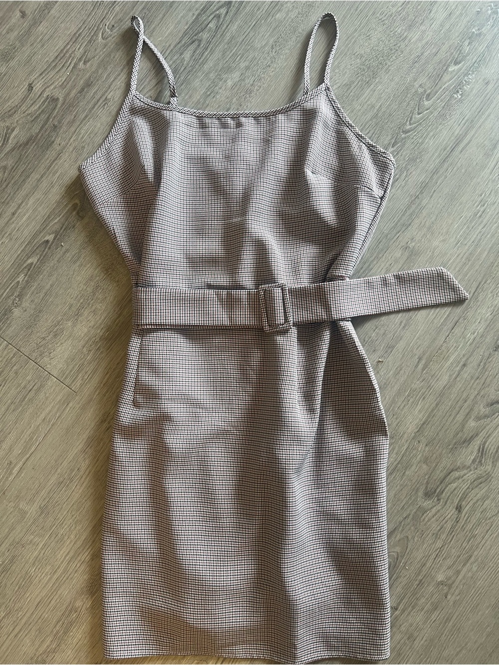 Missguided Brown Houndstooth Plaid Mini Dress Spaghetti Strap Tie Waist US 10